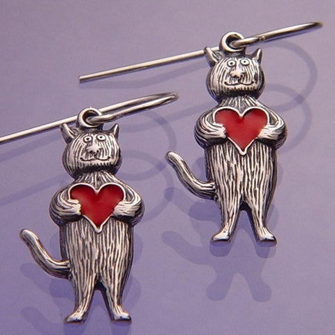 Heart Cat Earrings Sterling Silver - GoreyStore
