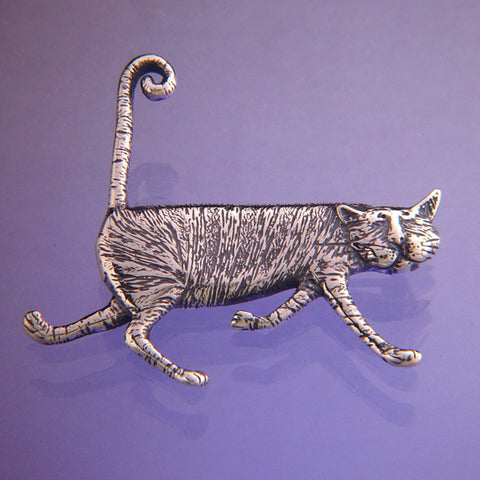 Stripey Cat Pin Sterling Silver - GoreyStore