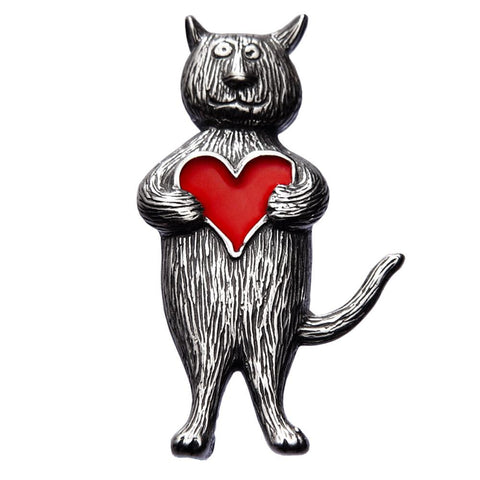 Alfiler de gato en forma de corazón en plata de ley