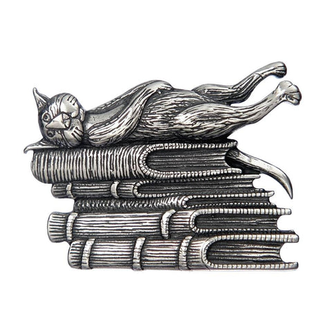 Alfiler de gato de libro en plata de ley